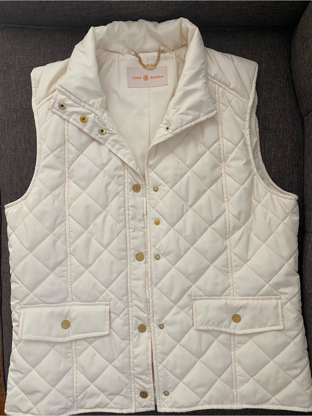 Tory Burch Ivory Quilted Puffer Vest with Gold Hardware - Picture 1 of 2
